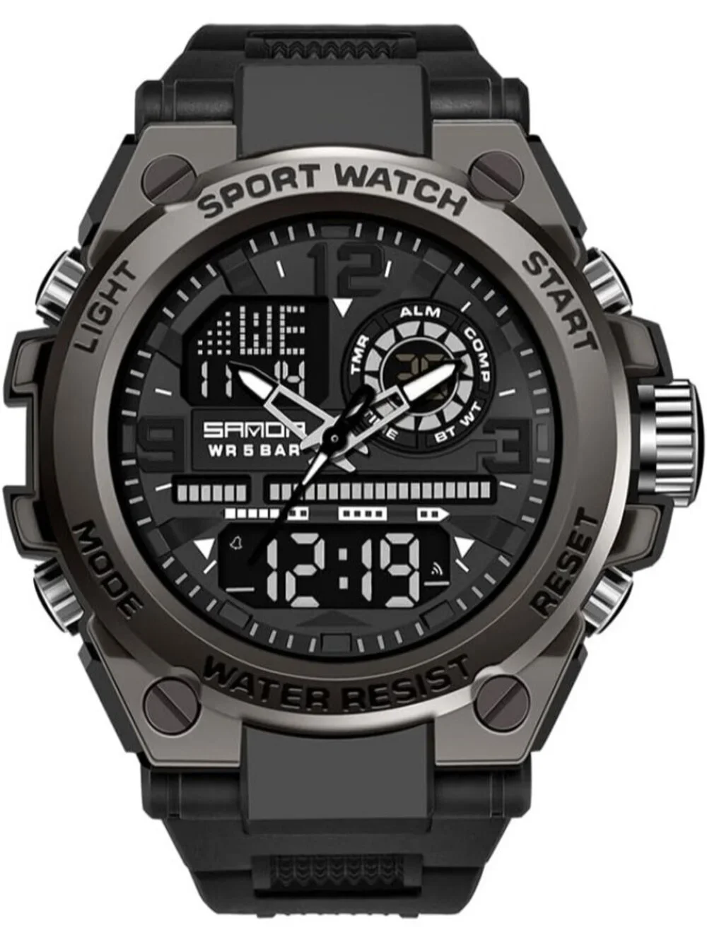 Men All Black Analog Quartz Sports Outdoor Waterproof Military LED Digital Watch